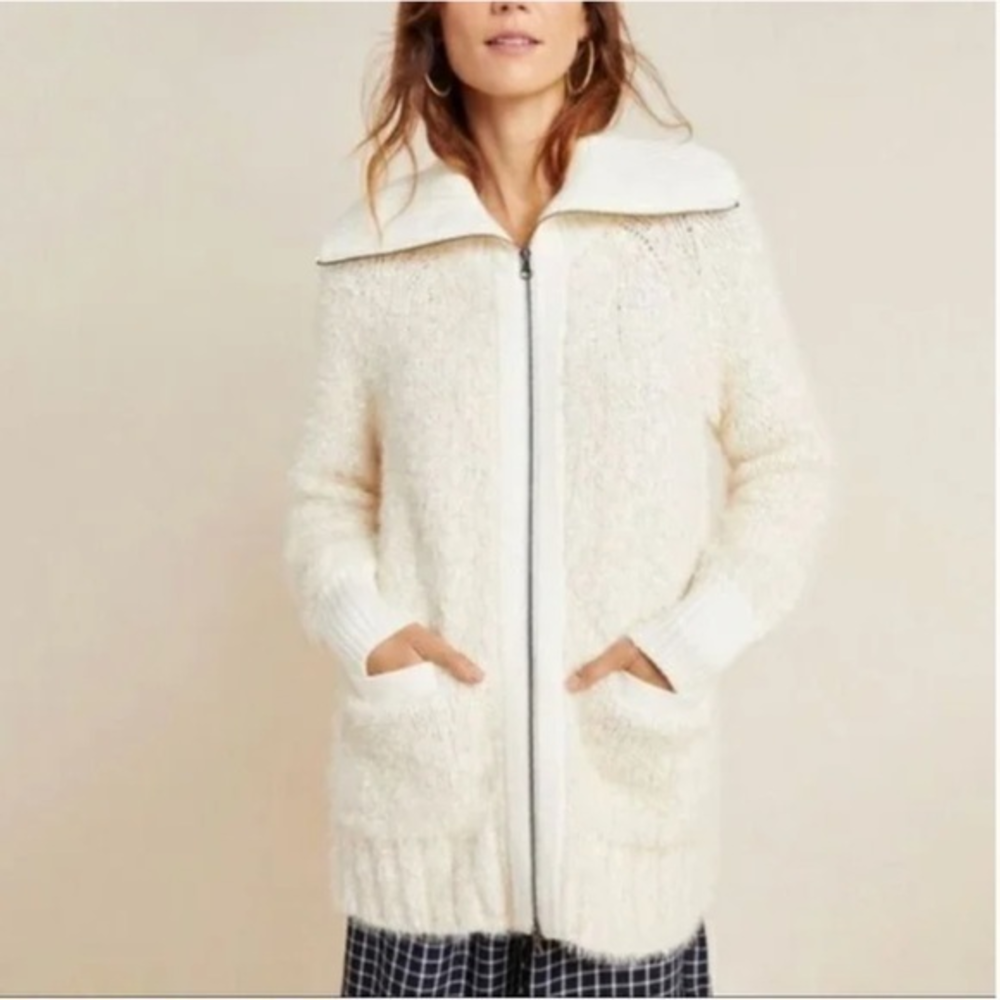 Anthropologie Furry Knit Zip Cardigan Sweater Jacket Ivory size Large NWT